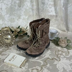 Women’s Roxy Tan Military Style Lace-up Boots Ladies Distressed Shoes Zipper